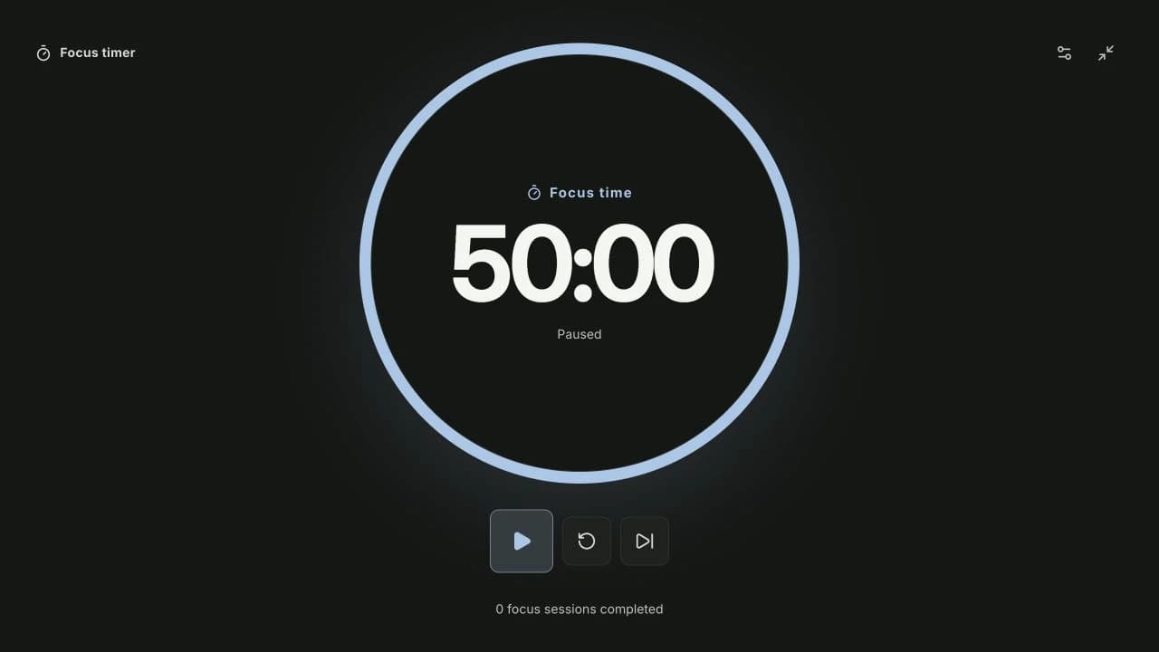 Klara’s expanded focus timer showing a paused 50-minute session and completed session count