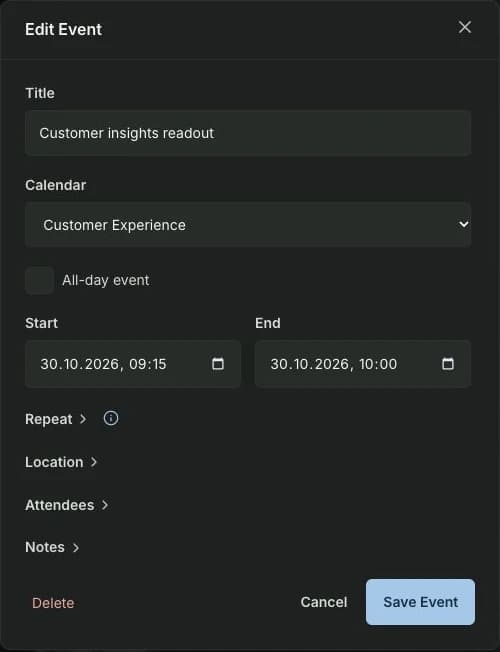 Customer insights readout event with Calendar set to Customer Experience and its start and end times visible