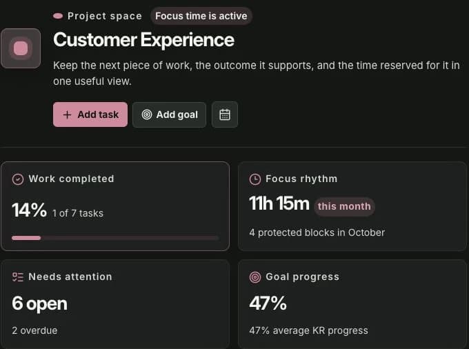 Customer Experience project overview with separate task completion, reserved project time and goal progress summaries