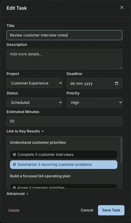Review customer interview notes assigned to Customer Experience and linked to Summarize 3 recurring customer problems
