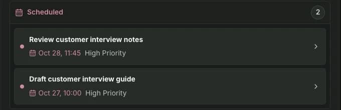 Scheduled task rows in the Customer Experience project showing the dates of review notes and interview guide preparation