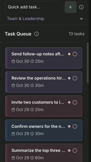 The Klara task queue with Team and Leadership selected and matching leadership tasks at the top