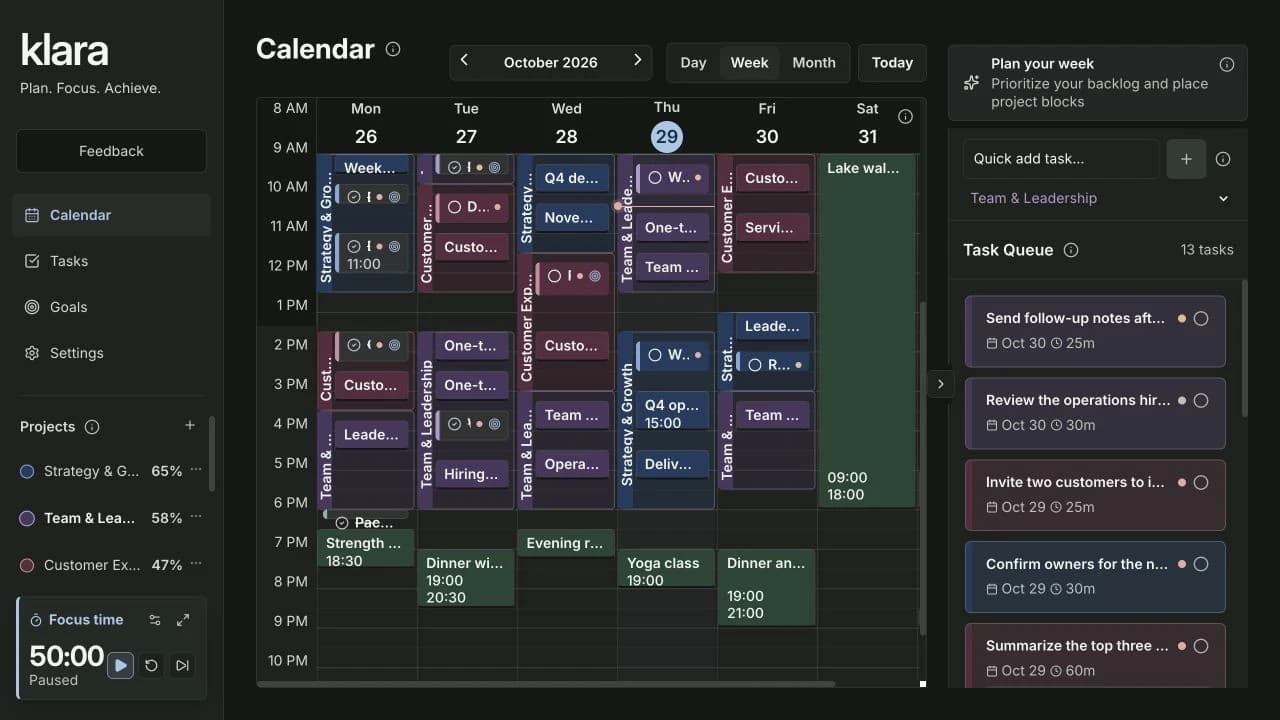 Maya’s weekly calendar with colored project blocks behind meetings and tasks and a project-aware task queue