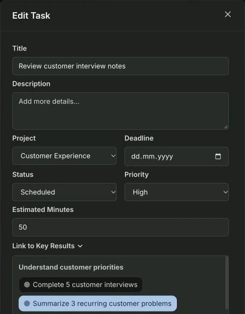The Klara task editor showing review of interview notes linked to its key result