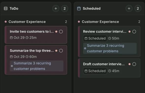 Customer tasks in Maya’s Klara task board, filtered by search and grouped by project
