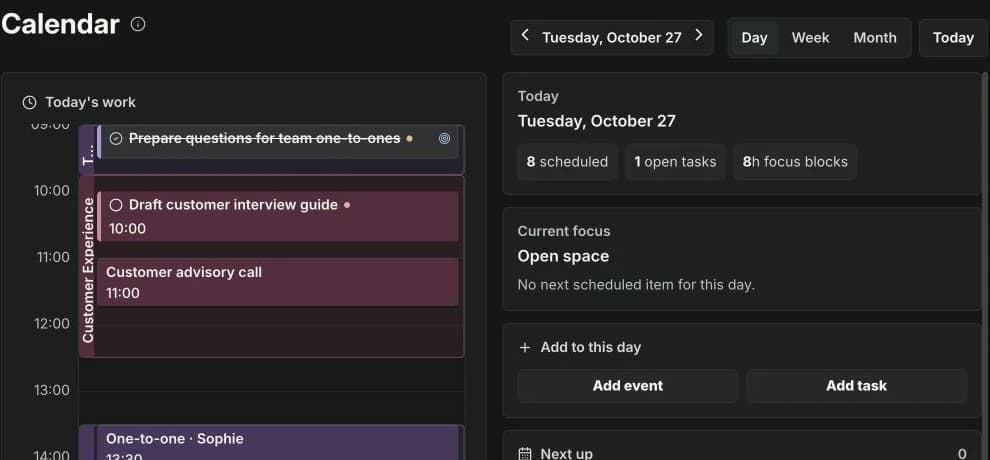 A scheduled customer interview preparation task in Maya’s Klara calendar