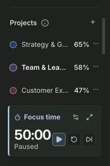 Klara’s compact sidebar focus timer paused at 50 minutes with start, reset and skip controls