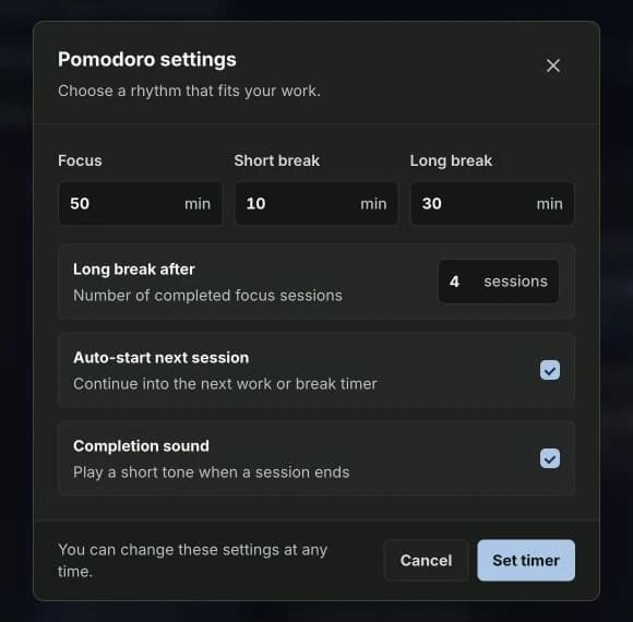 Klara Pomodoro settings showing 50-minute focus, 10-minute short breaks and 30-minute long breaks
