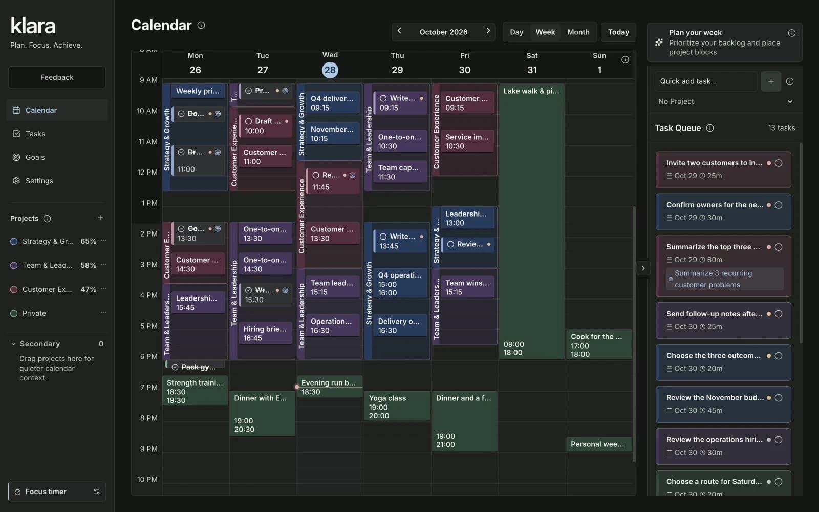 Maya’s weekly Klara calendar with leadership meetings, focus work and a task queue